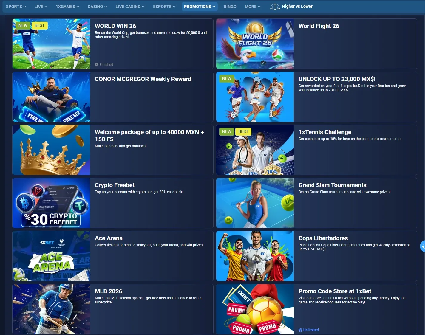 1xBet Casino promotions screenshot