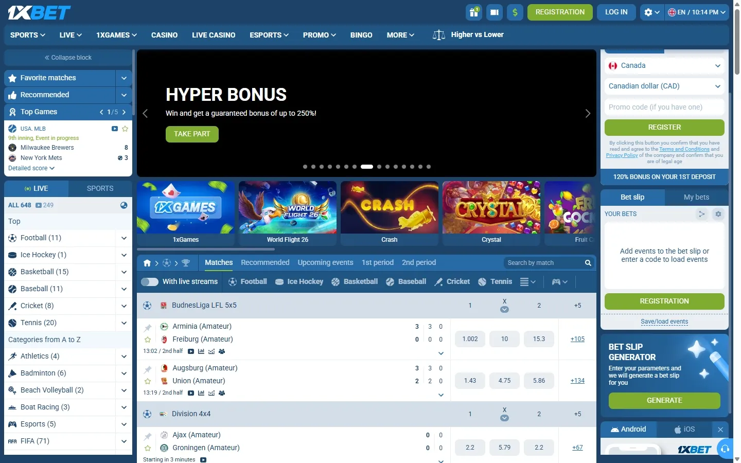 1xBet Casino homepage screenshot