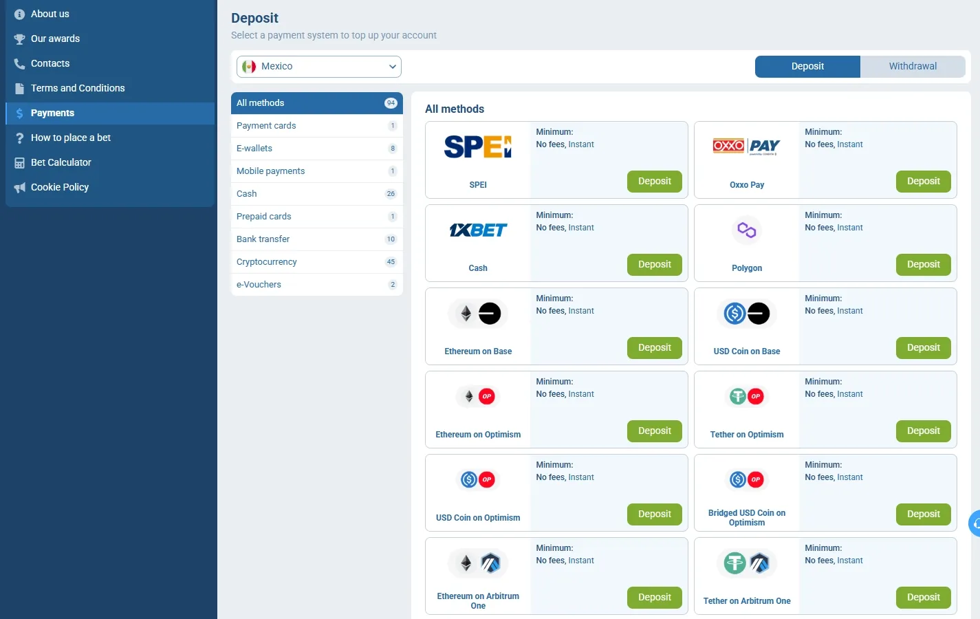 1xBet Casino payment methods screenshot