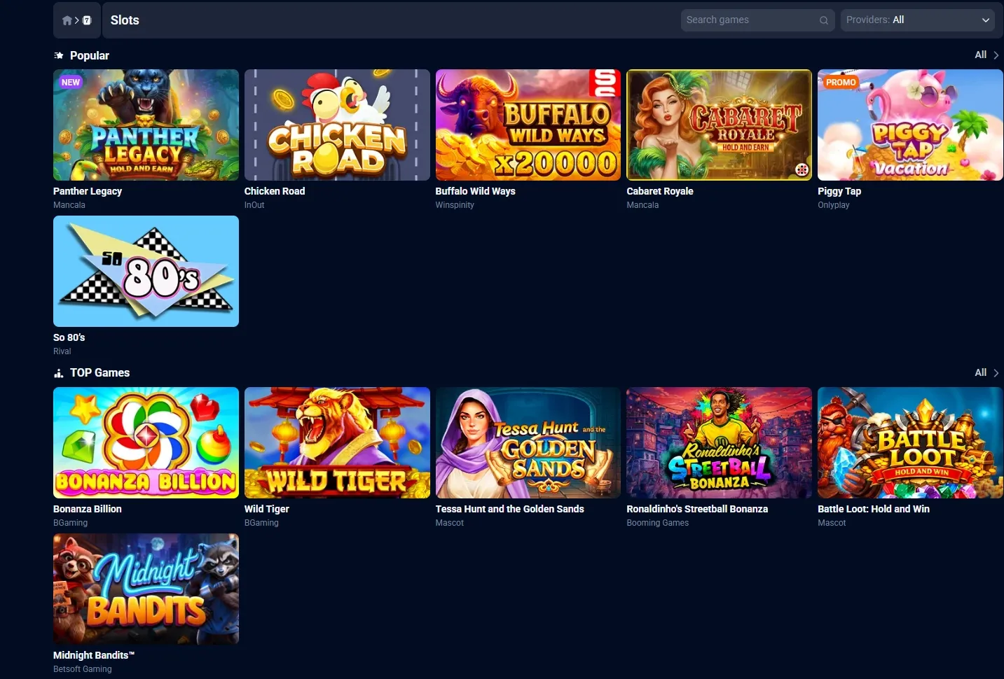 1xBit Casino game lobby screenshot