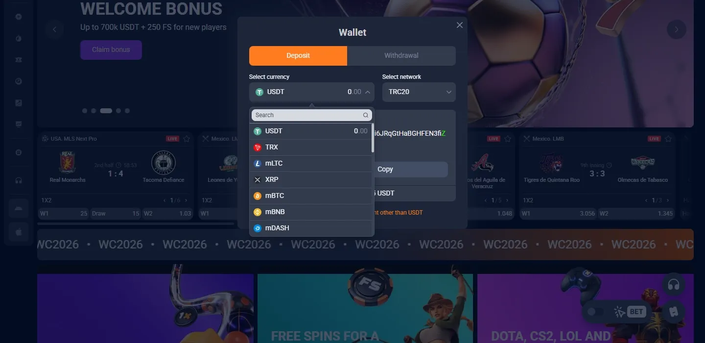 1xBit Casino payment methods screenshot