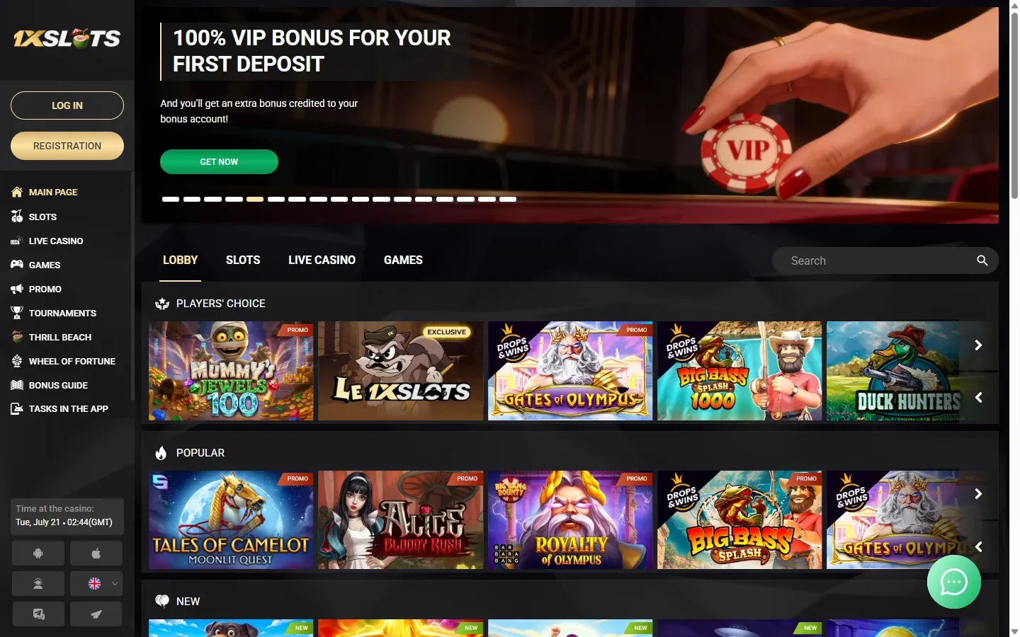 1xSlots homepage screenshot