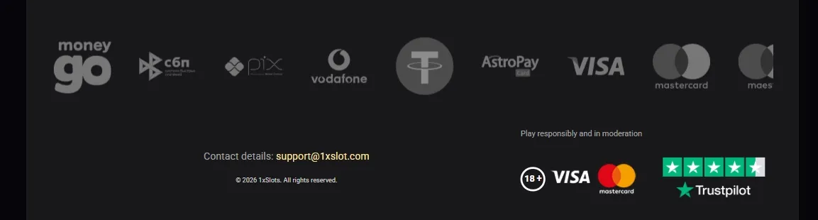 1xSlots payment methods screenshot