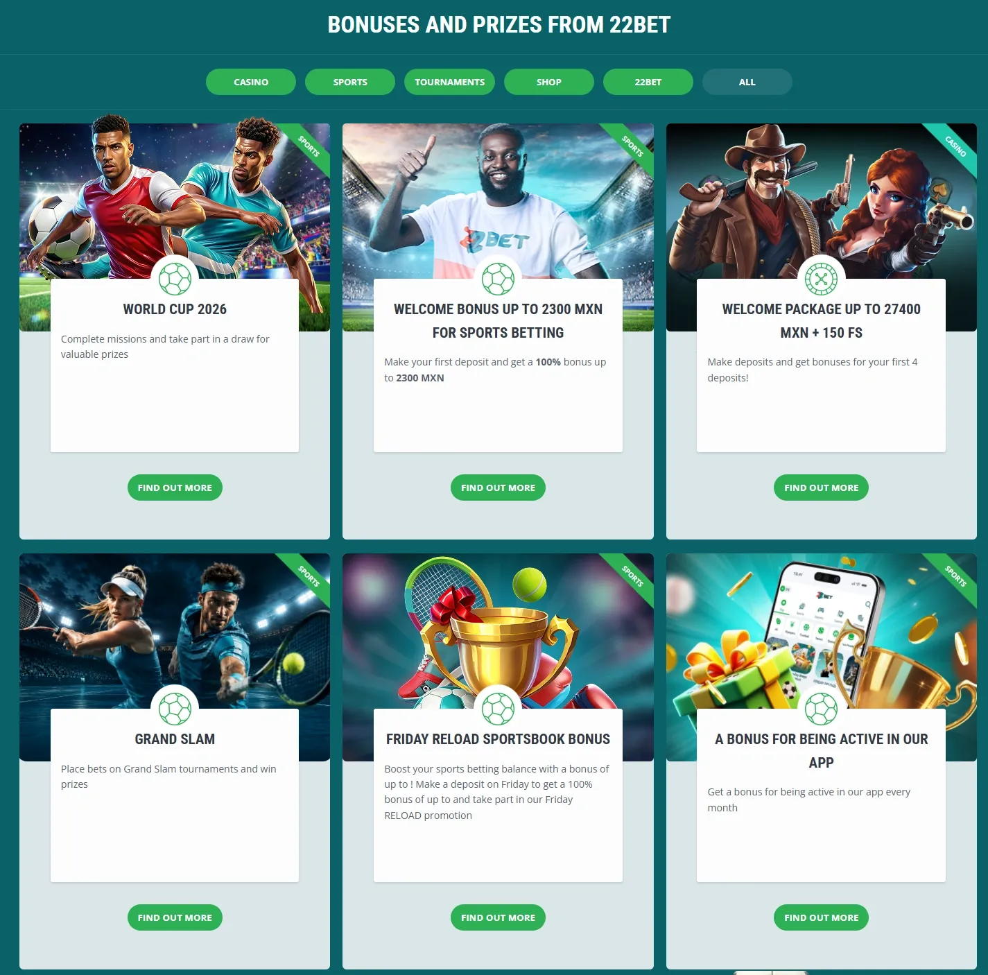 22Bet Casino promotions screenshot