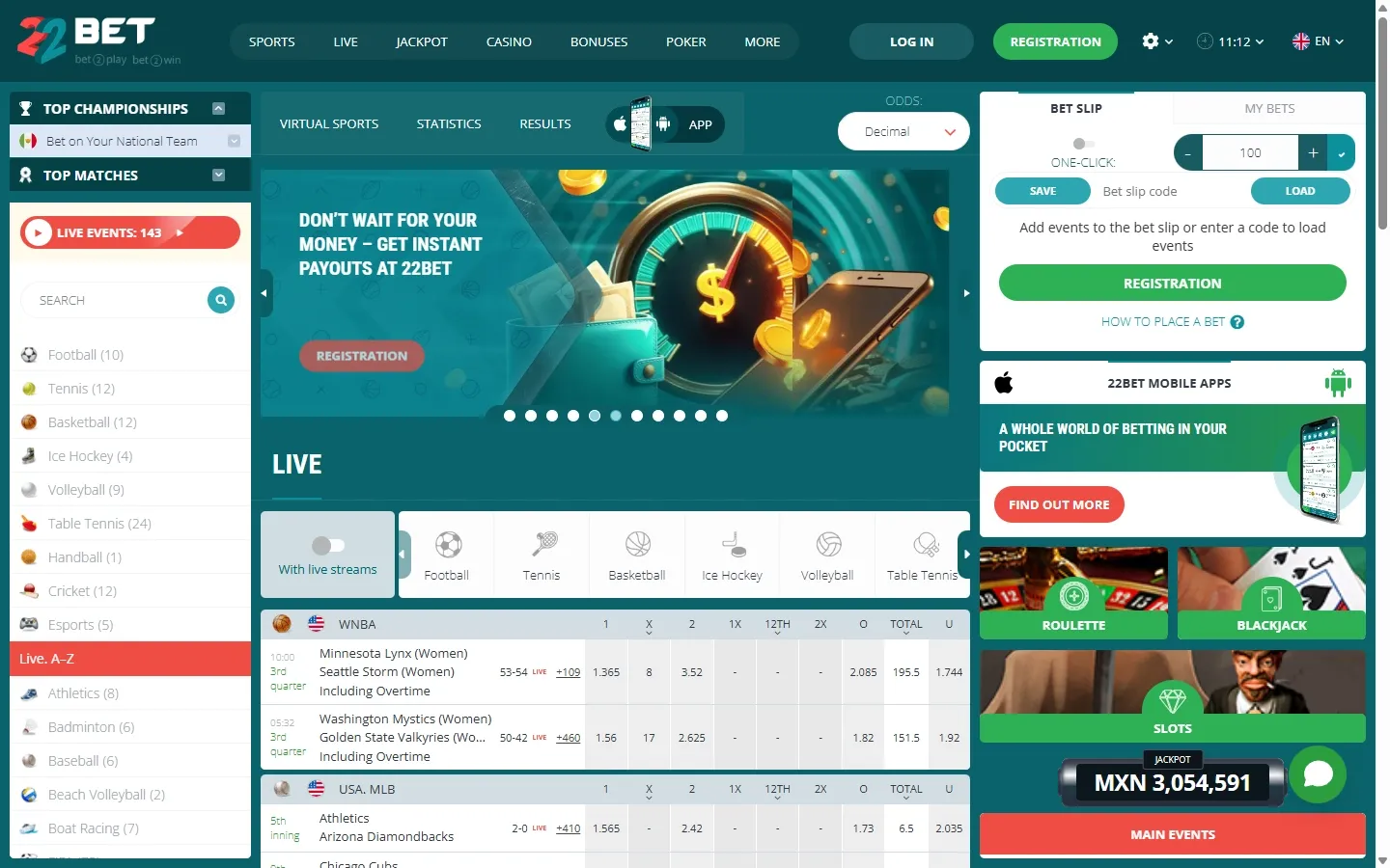 22Bet Casino homepage screenshot
