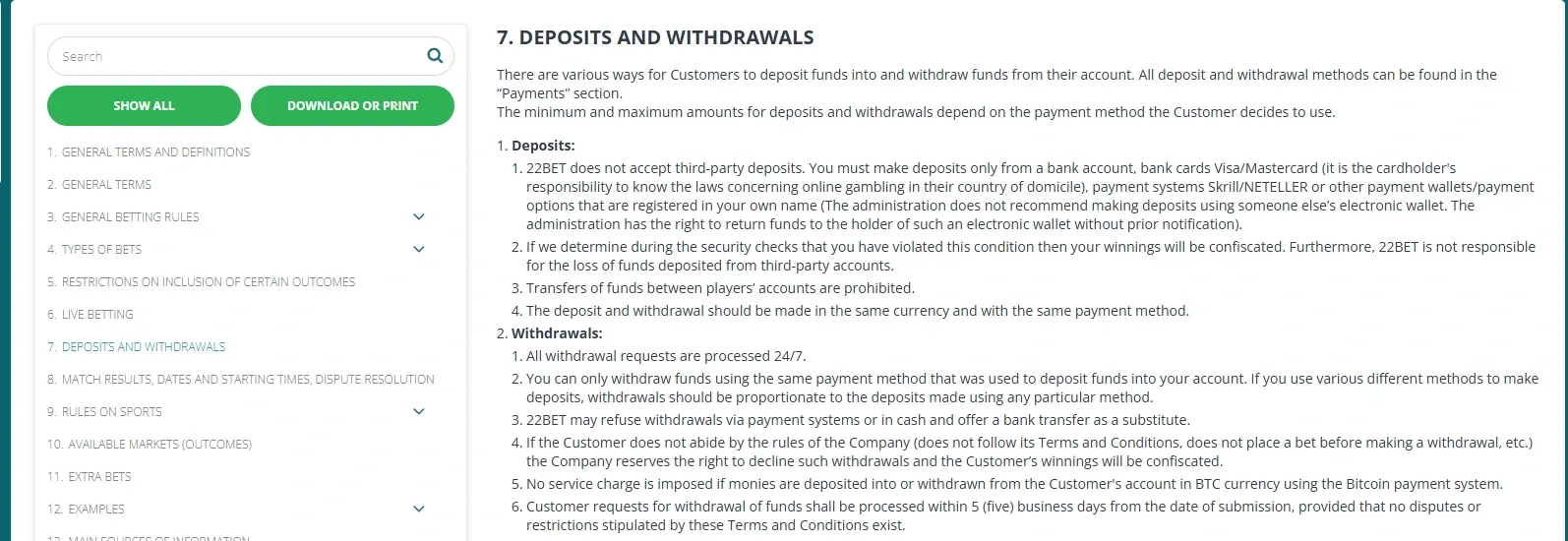 22Bet Casino payment methods screenshot