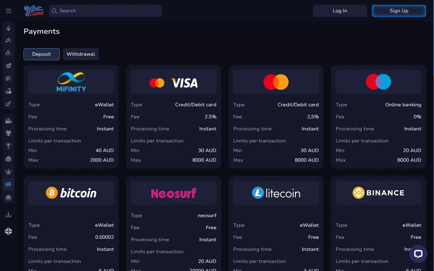 7Bit Casino payment methods screenshot