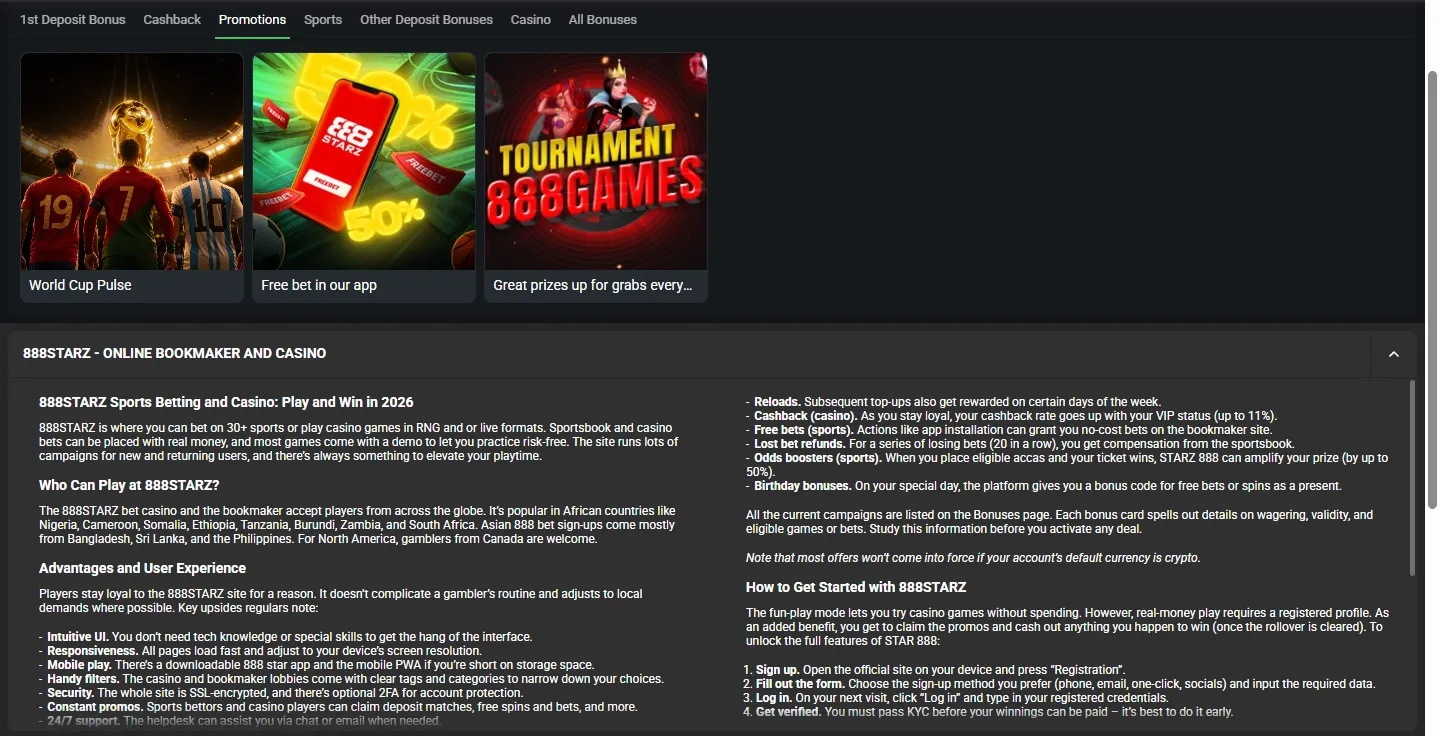 888Starz Casino promotions screenshot