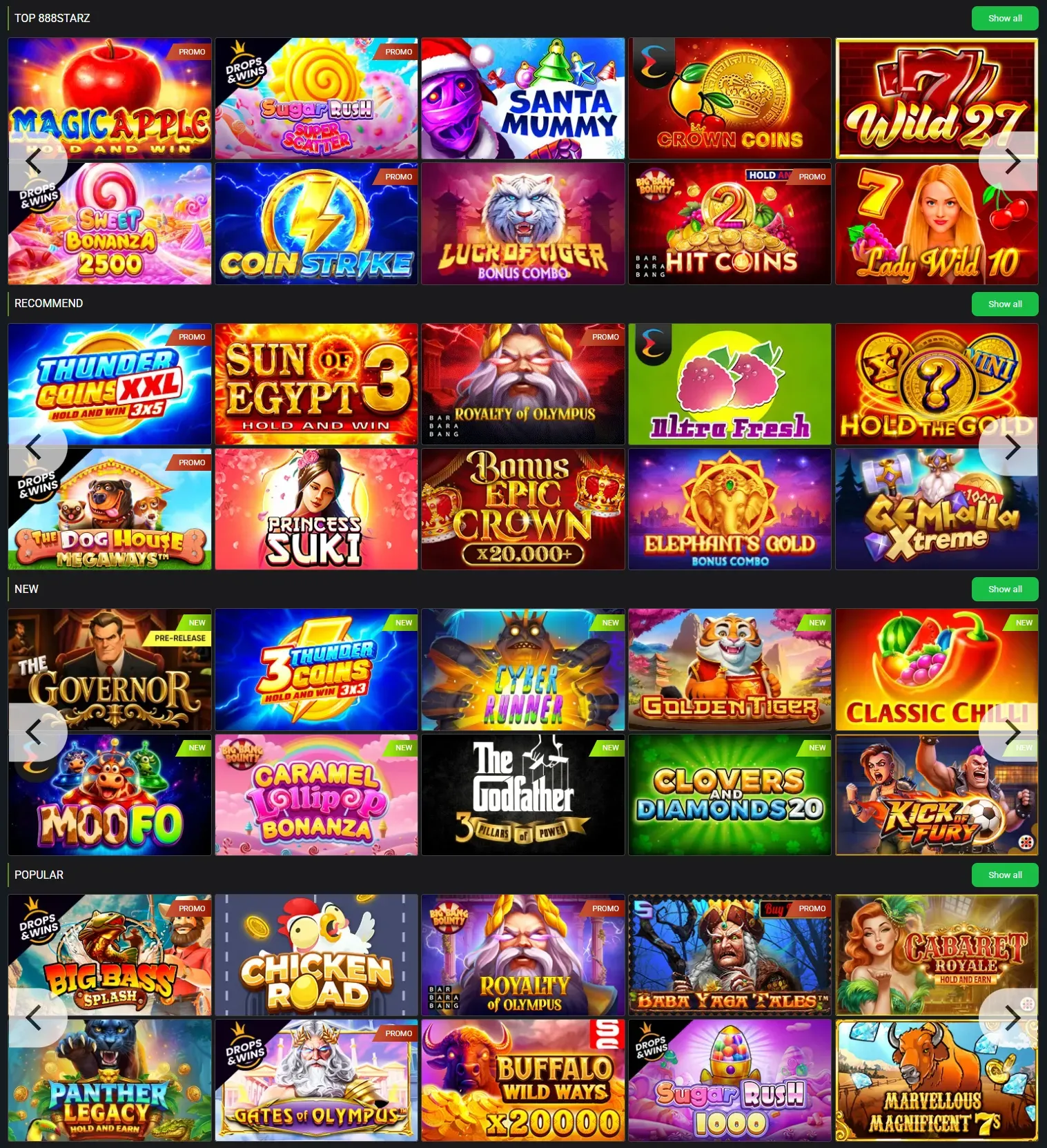 888Starz Casino game lobby screenshot