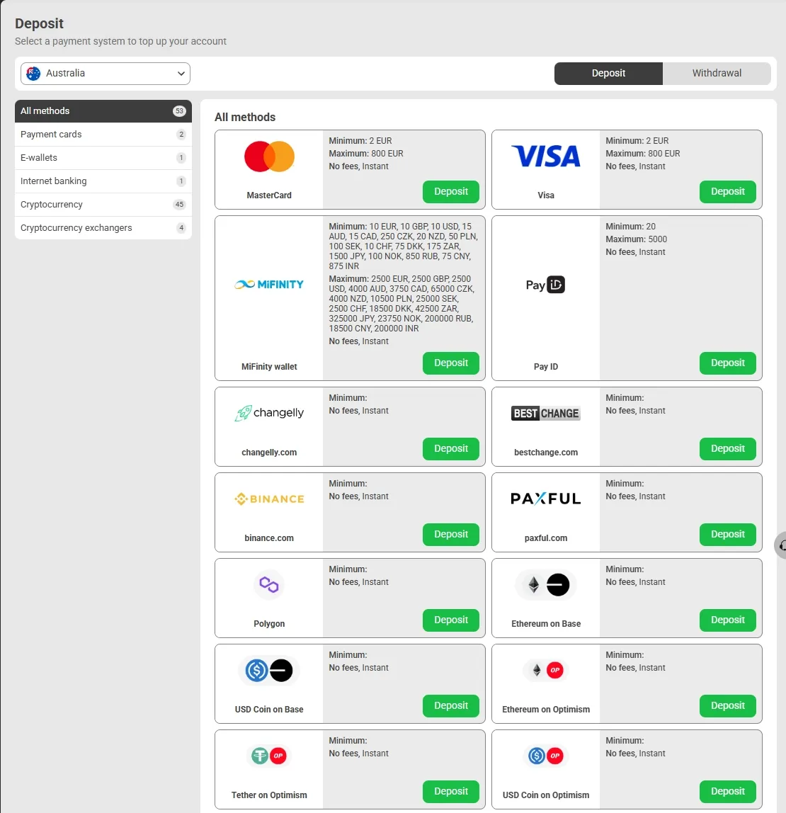 888Starz Casino payment methods screenshot