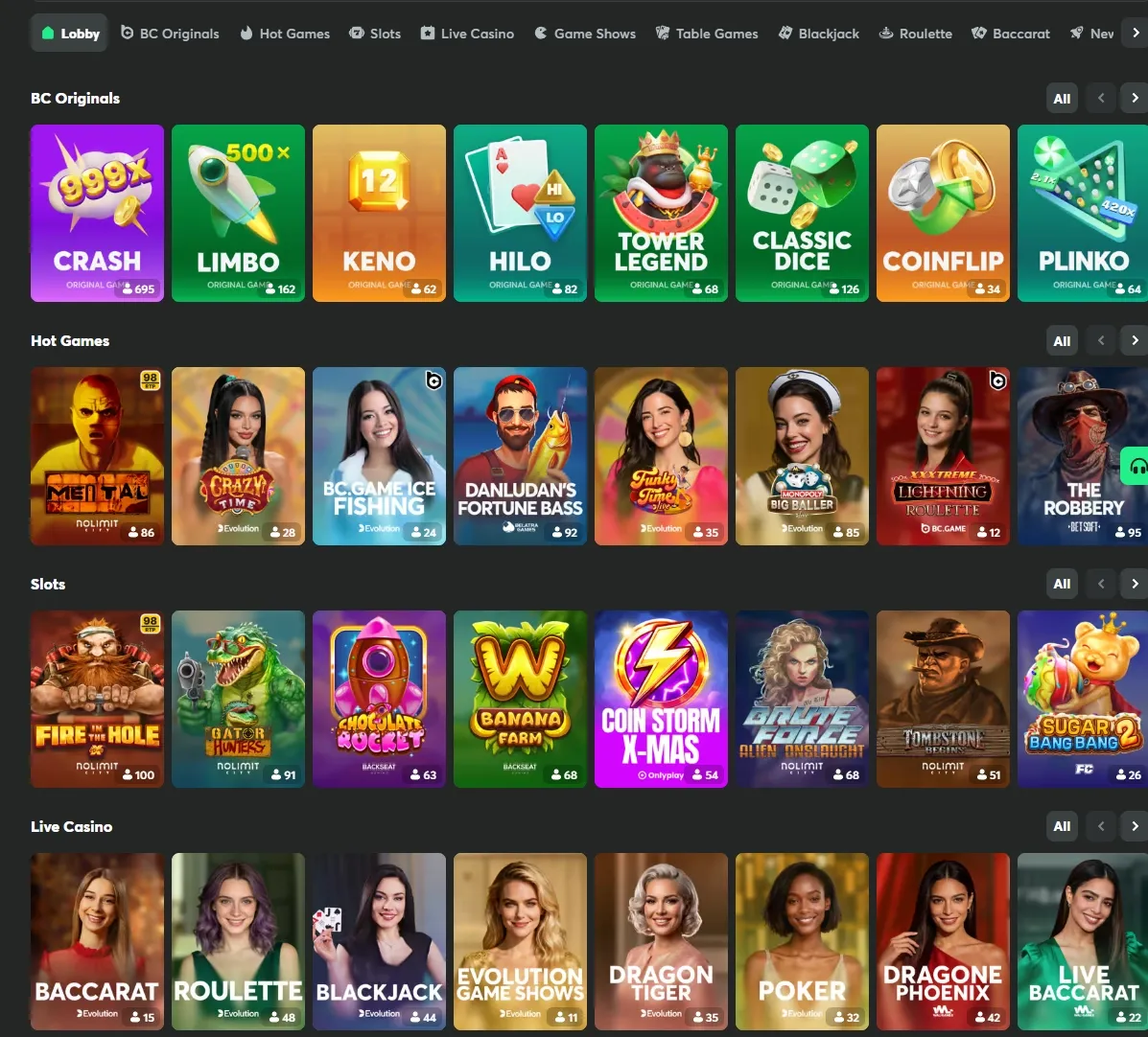 BC.GAME game lobby screenshot