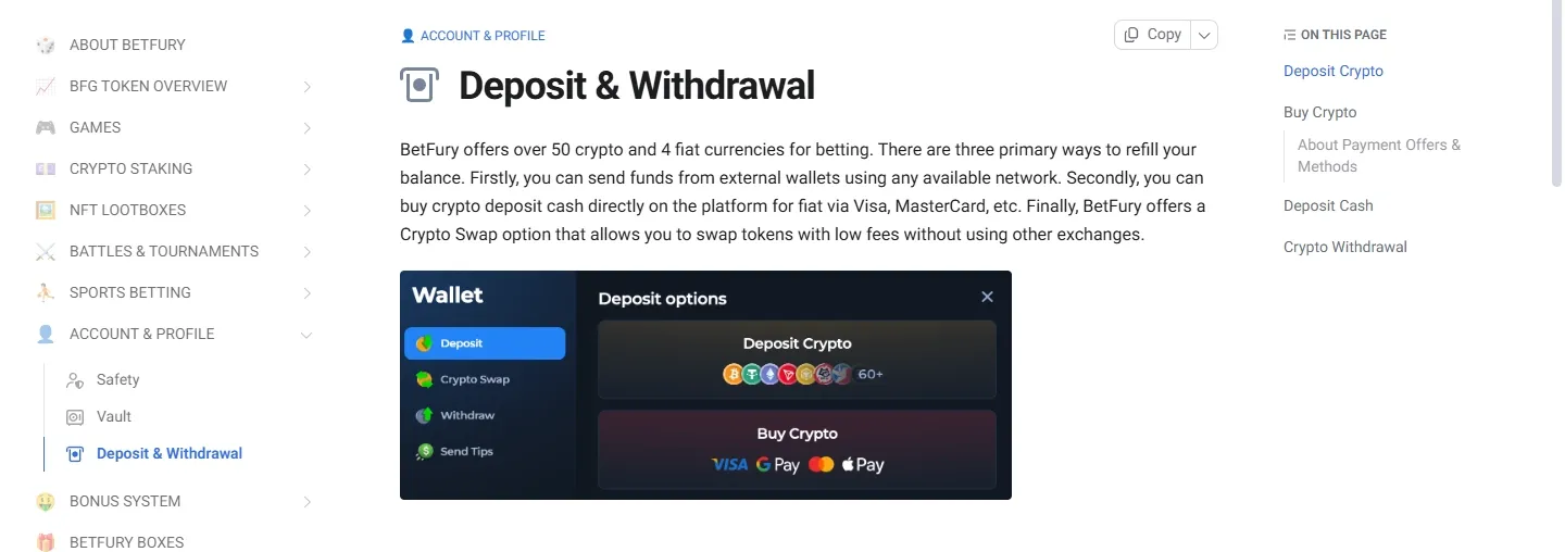 BetFury Casino payment methods screenshot