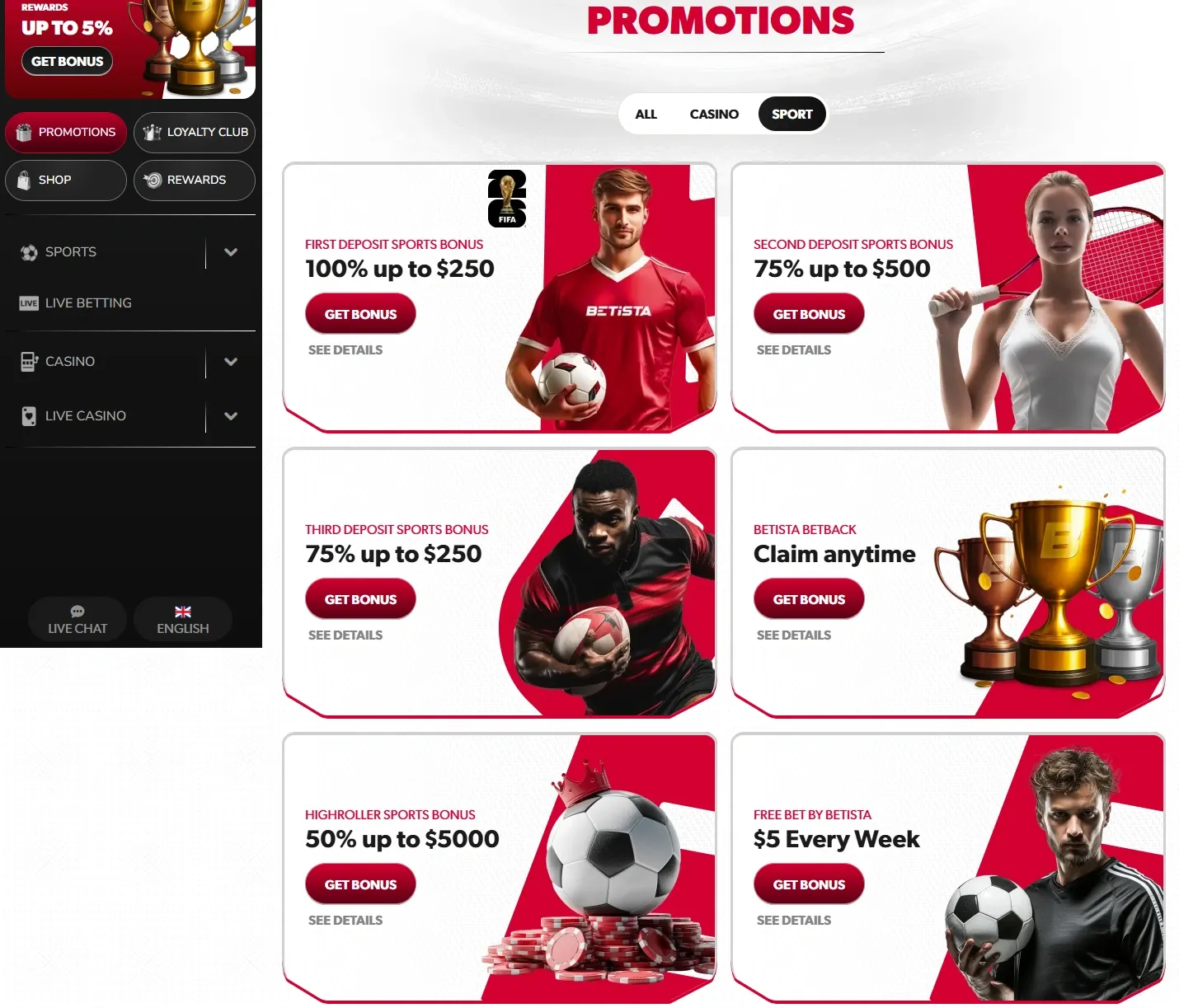 Betista Casino promotions screenshot