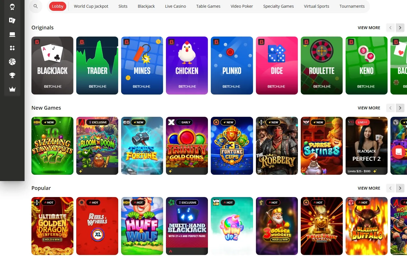 BetOnline game lobby screenshot