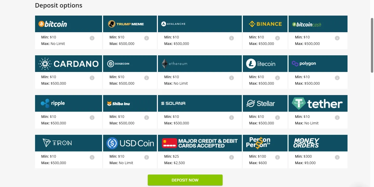 BetOnline payment methods screenshot