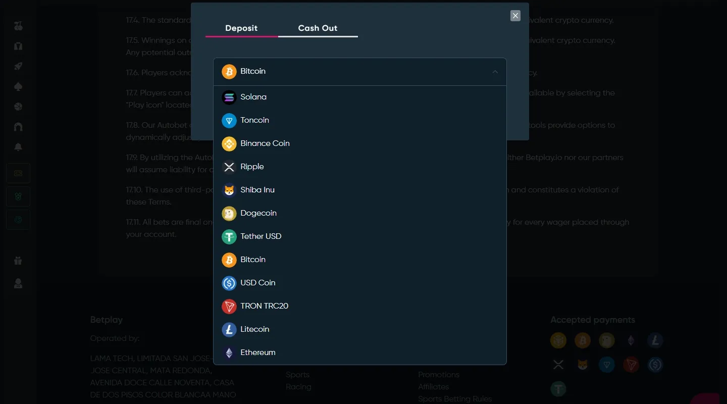 BetPlay.io Casino payment methods screenshot