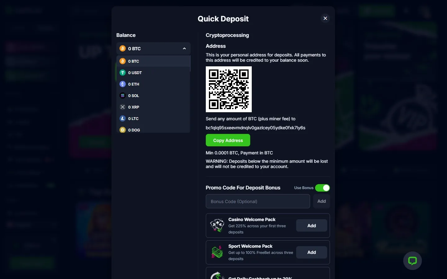Bets.io payment methods screenshot