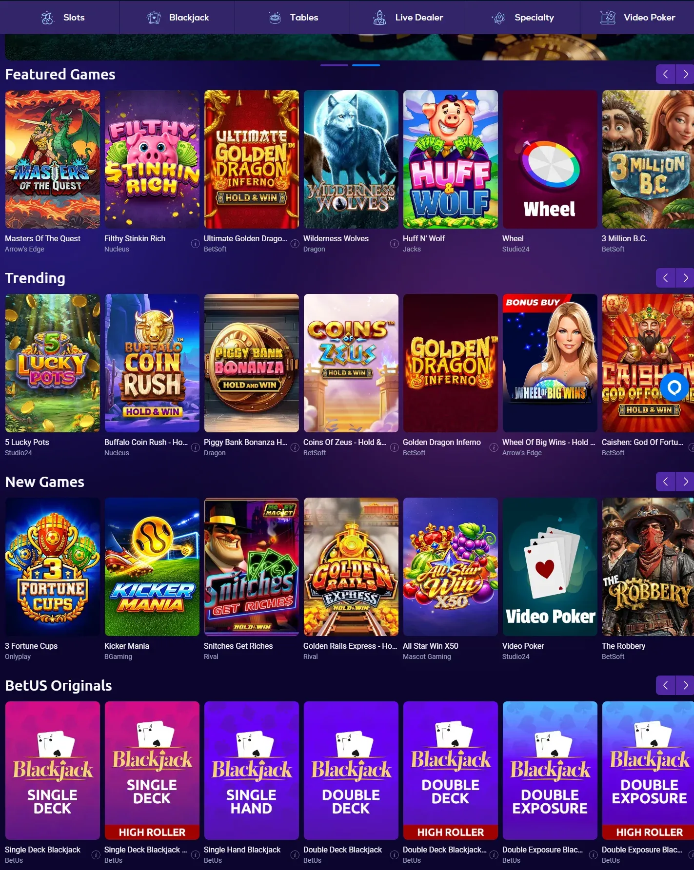 BetUS Casino game lobby screenshot