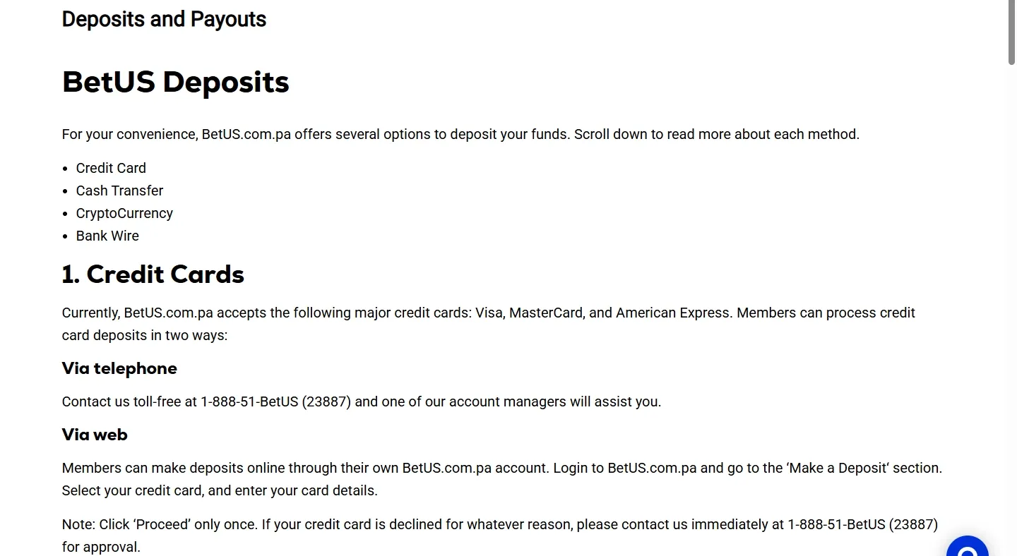 BetUS Casino payment methods screenshot