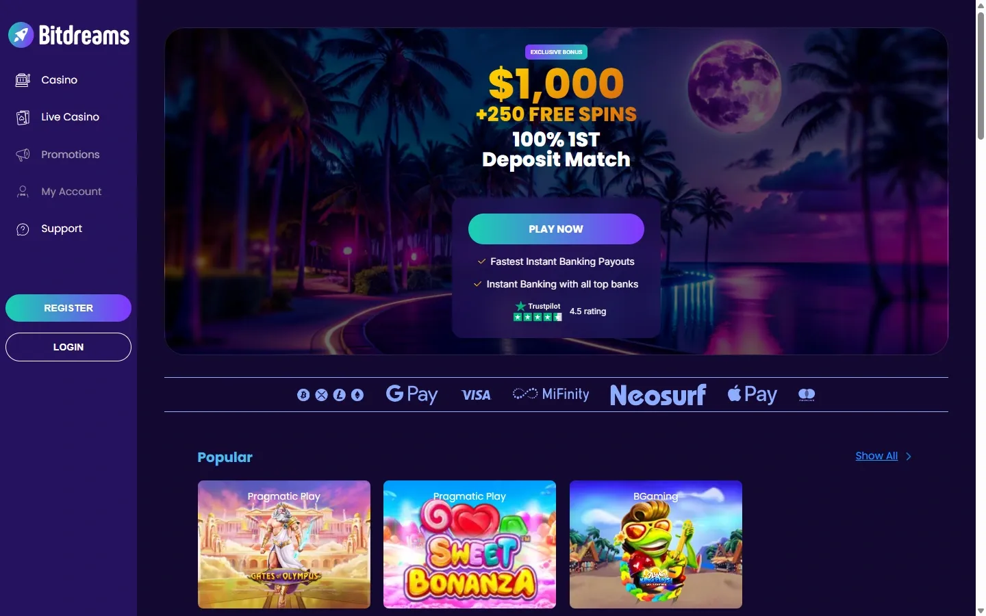 Bitdreams Casino homepage screenshot