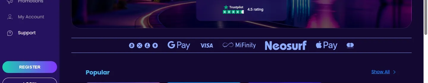 Bitdreams Casino payment methods screenshot