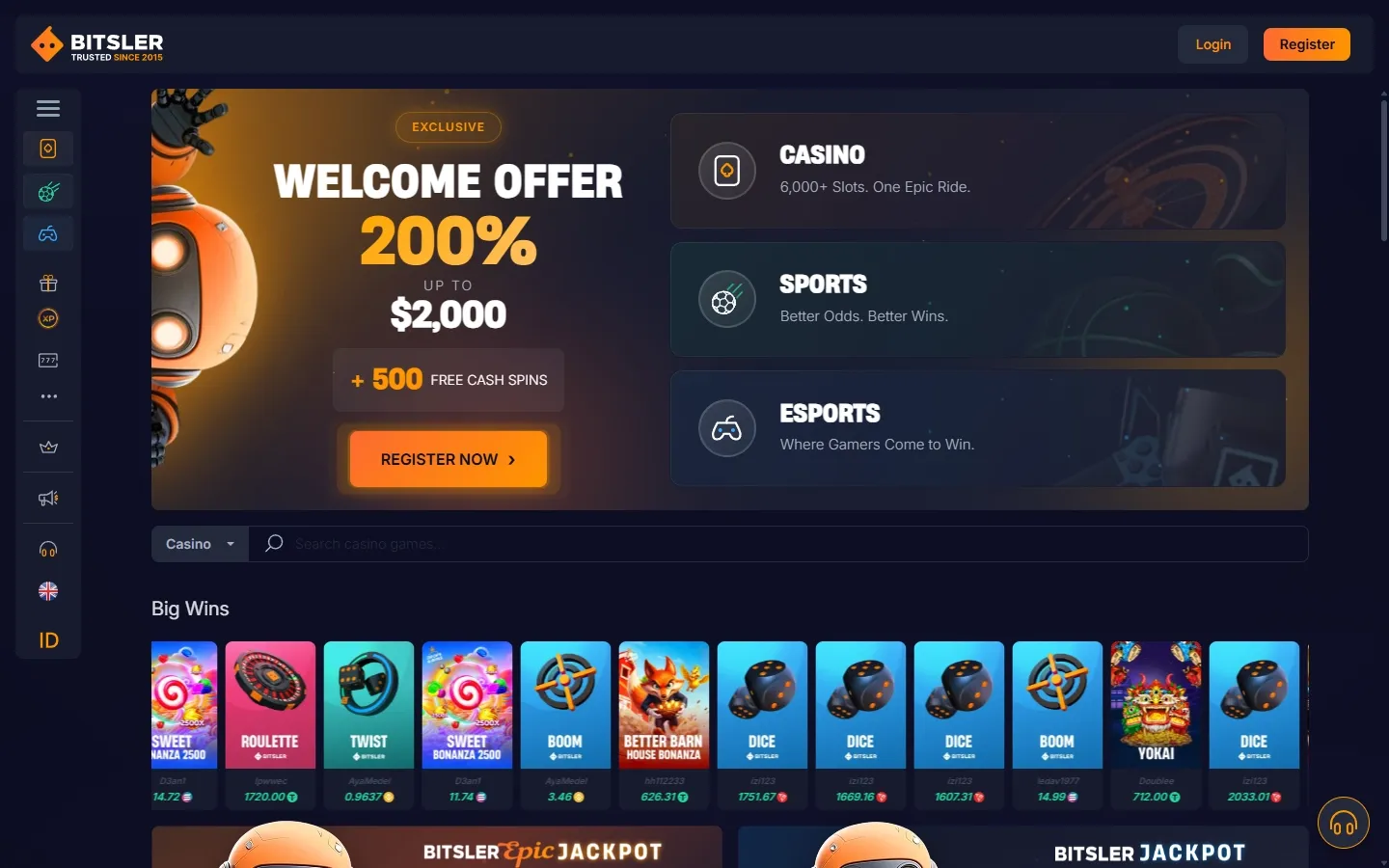 Bitsler Casino homepage screenshot