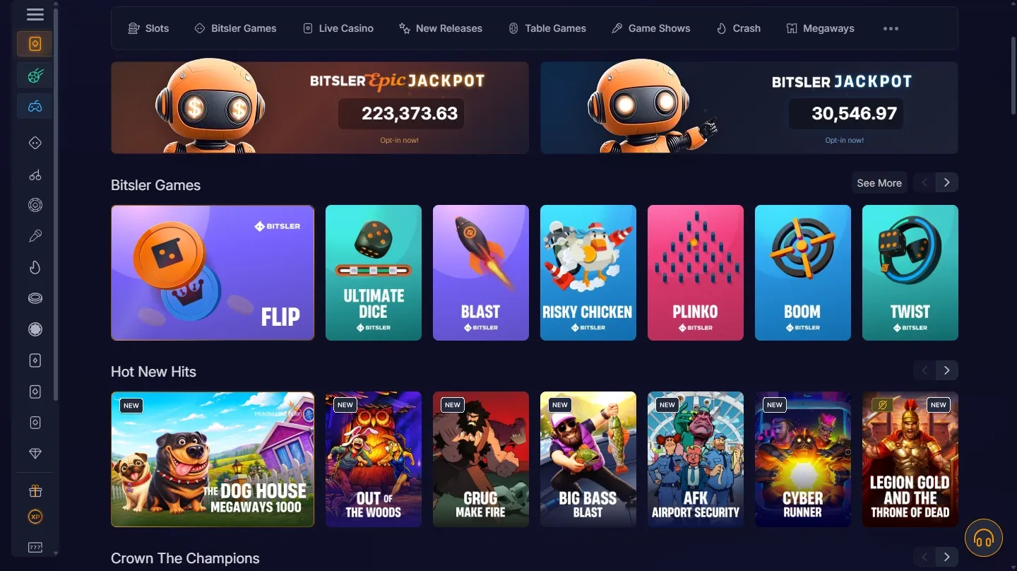Bitsler Casino game lobby screenshot