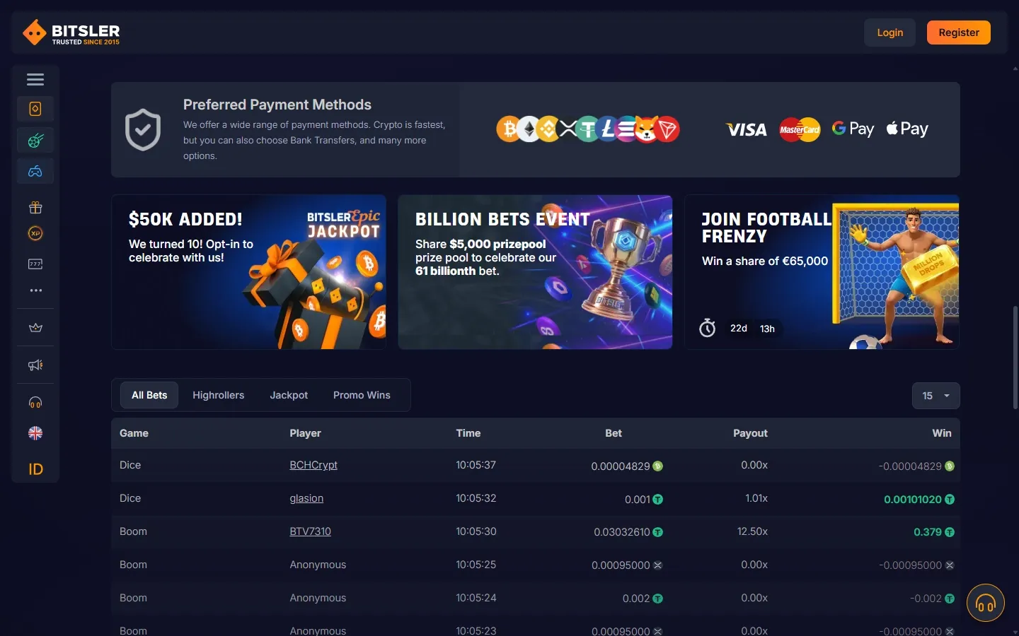 Bitsler Casino payment methods screenshot