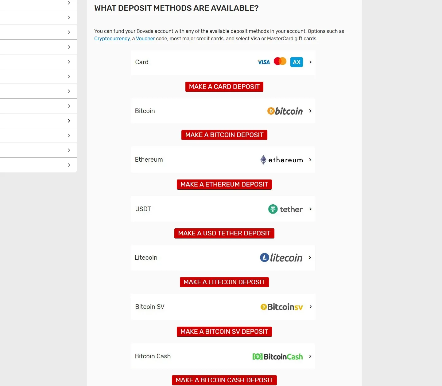 Bovada.lv payment methods screenshot
