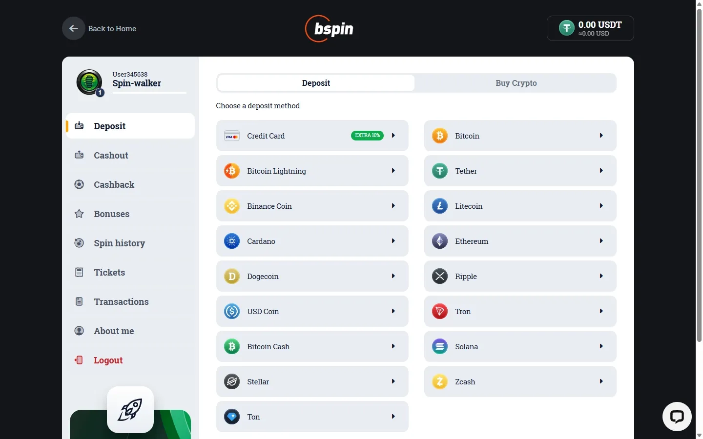 Bspin.io payment methods screenshot