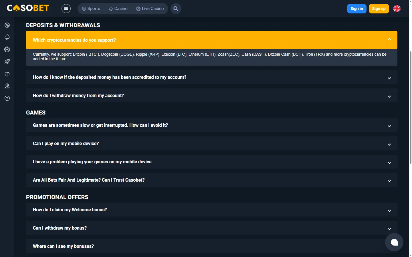Casobet Casino payment methods screenshot