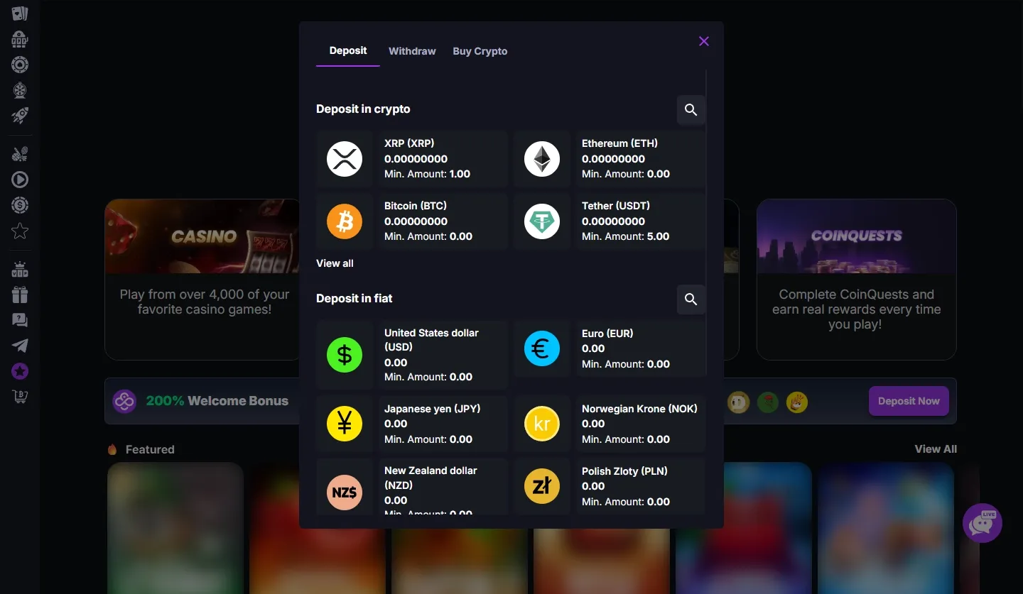 CoinCasino payment methods screenshot