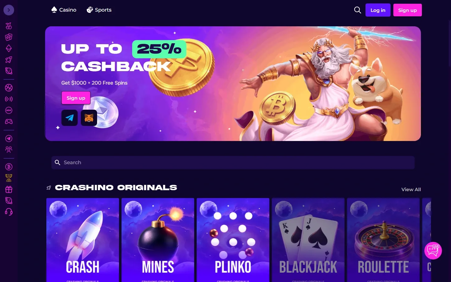 Crashino Casino homepage screenshot