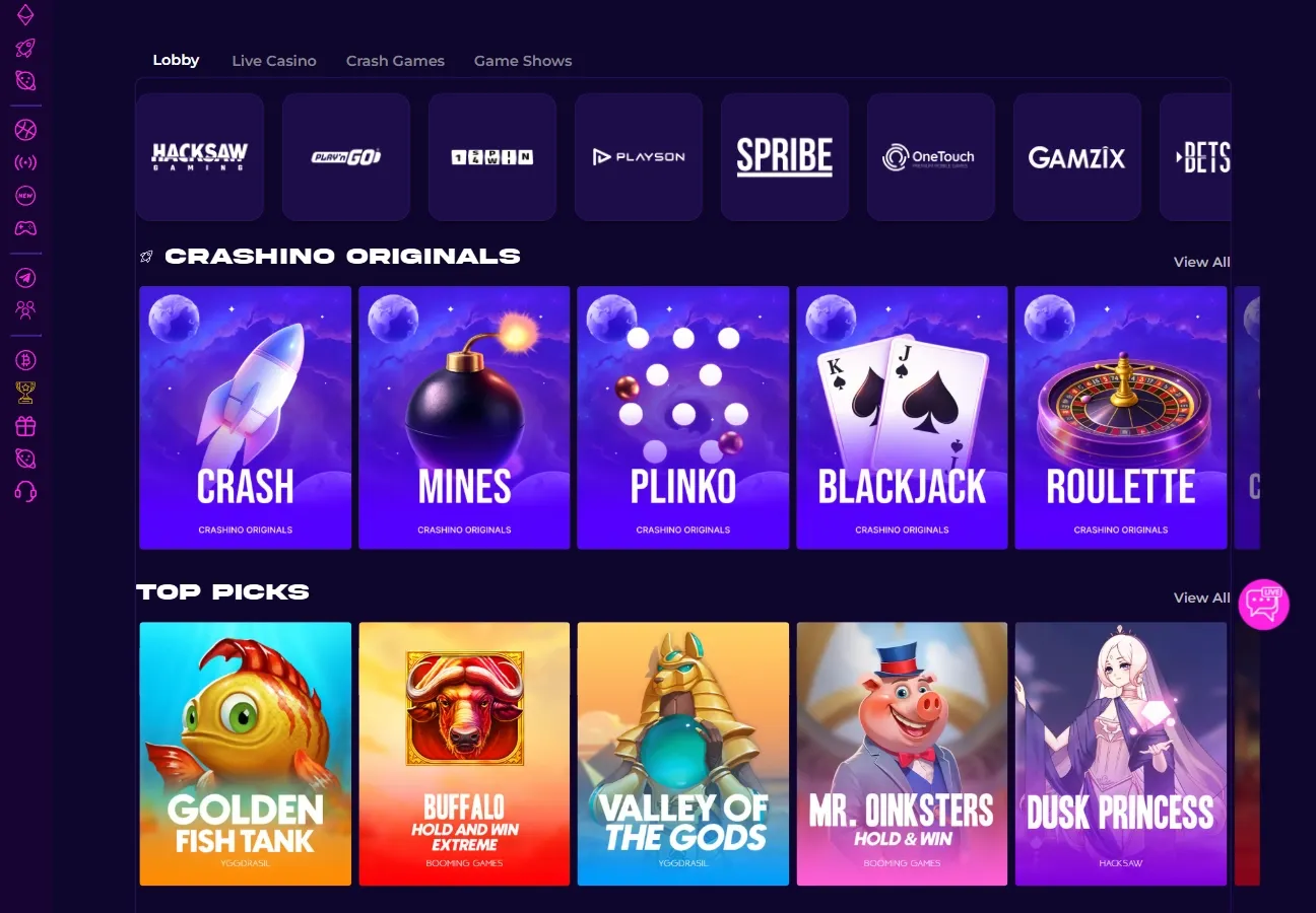 Crashino Casino game lobby screenshot