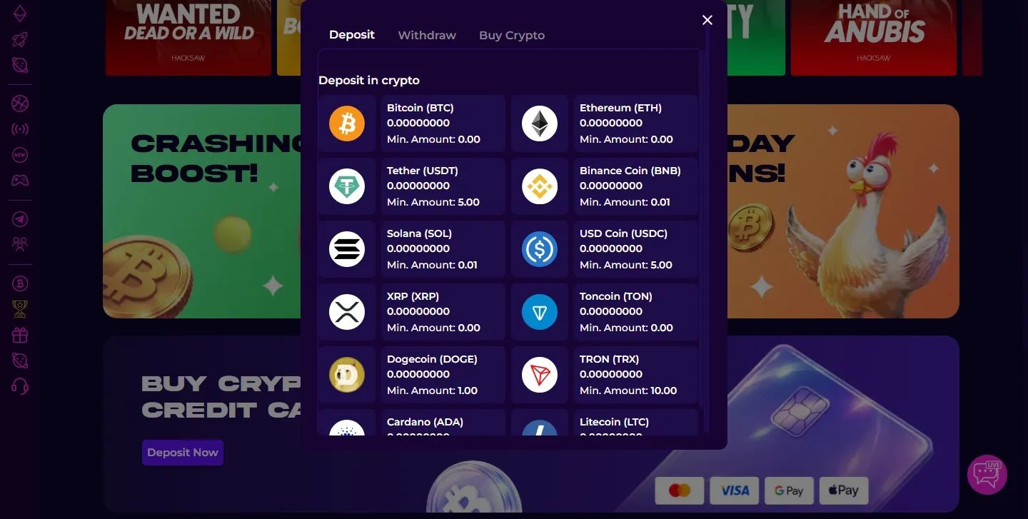 Crashino Casino payment methods screenshot