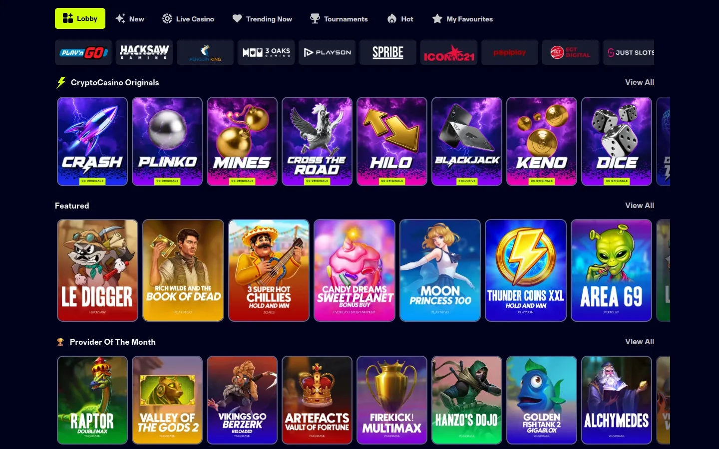 CryptoCasino game lobby screenshot