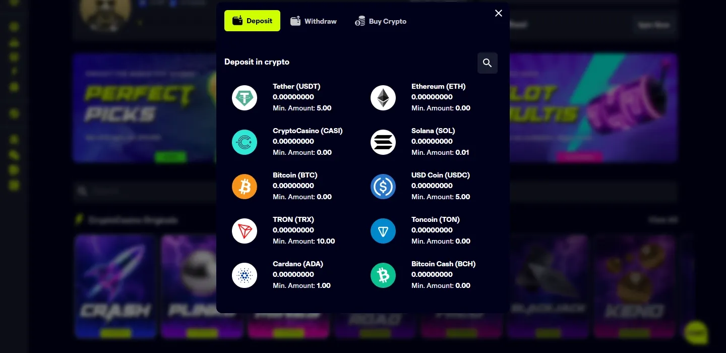 CryptoCasino payment methods screenshot