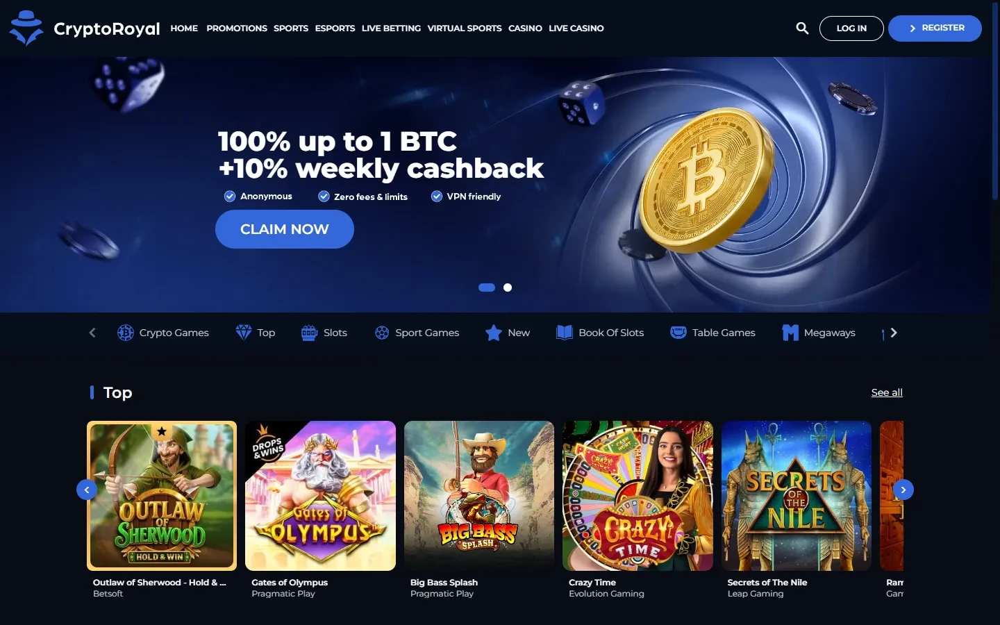 CryptoRoyal Casino homepage screenshot