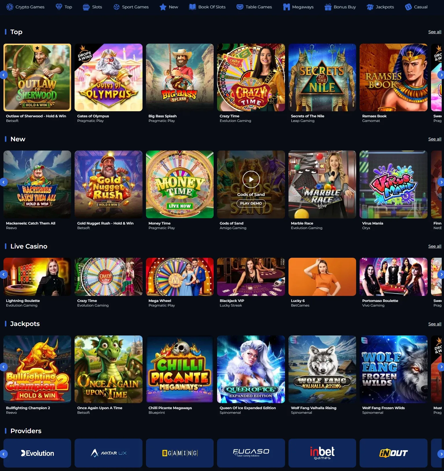 CryptoRoyal Casino game lobby screenshot