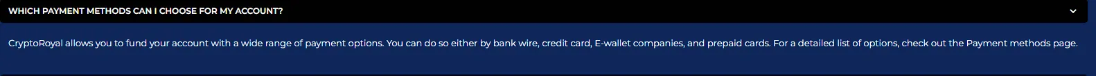CryptoRoyal Casino payment methods screenshot