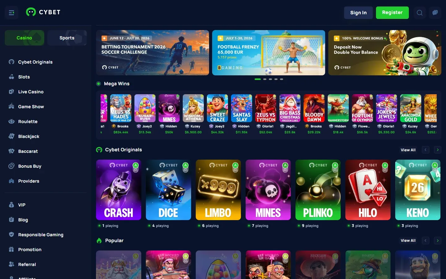 Cybet Casino homepage screenshot