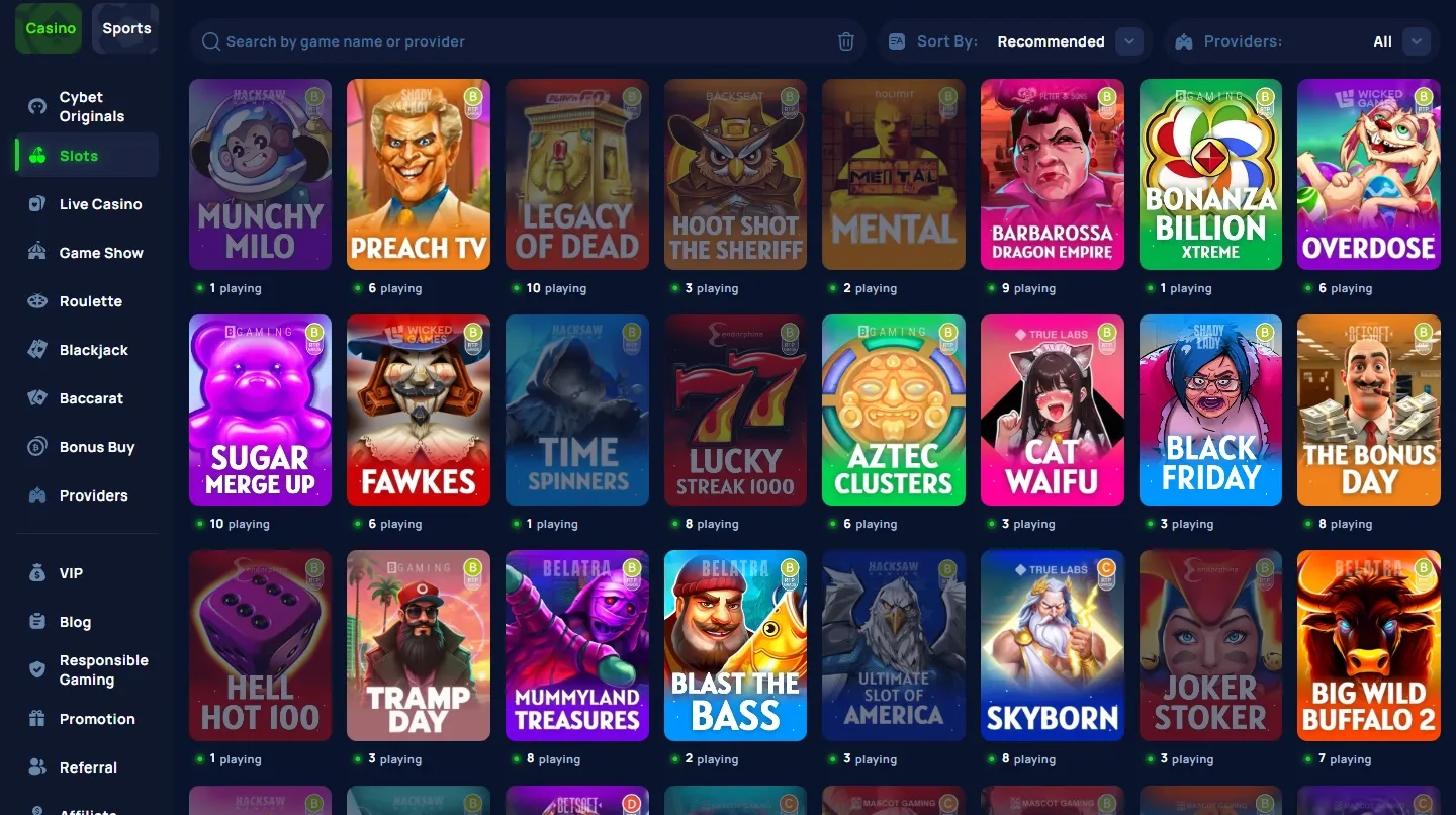 Cybet Casino game lobby screenshot