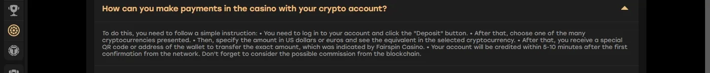 Fairspin Casino payment methods screenshot