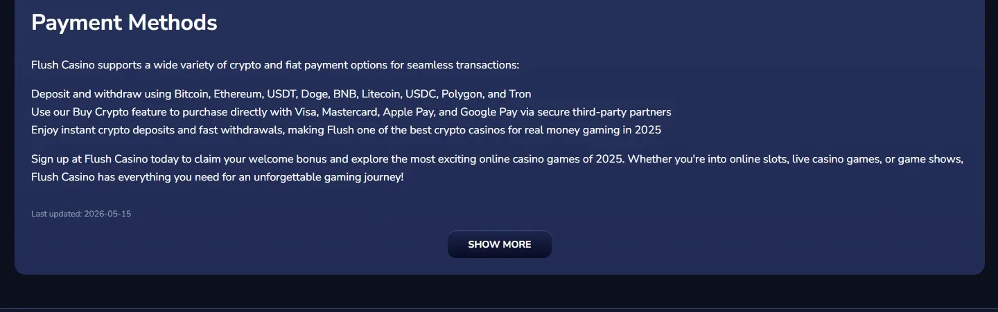Flush Casino payment methods screenshot