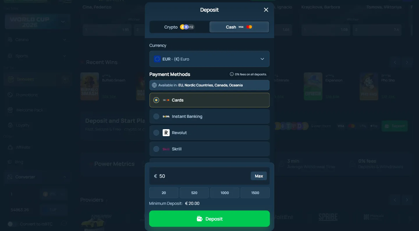 FortuneJack payment methods screenshot