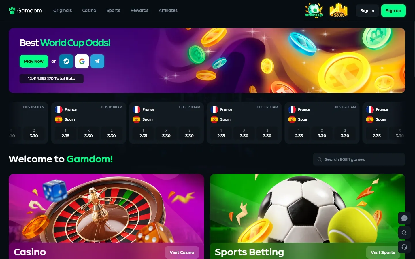 Gamdom Casino homepage screenshot