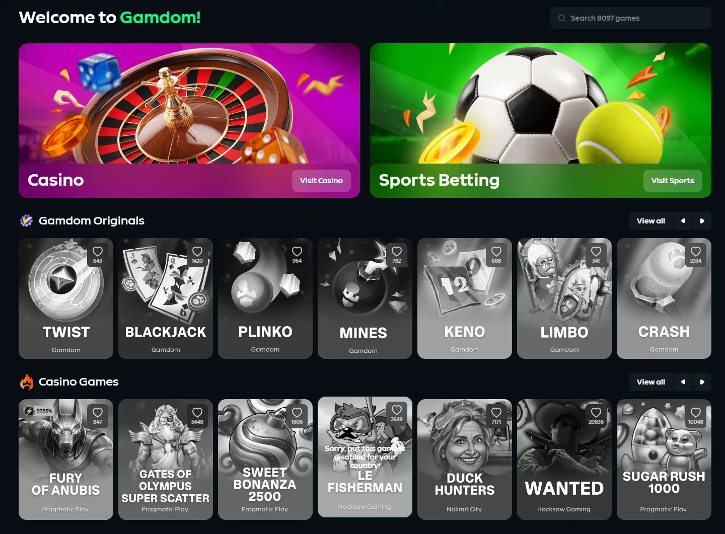 Gamdom Casino game lobby screenshot
