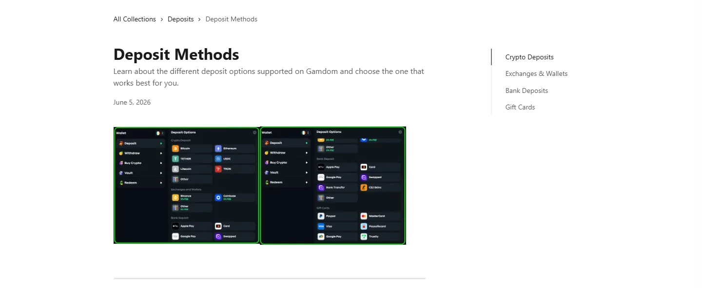 Gamdom Casino payment methods screenshot