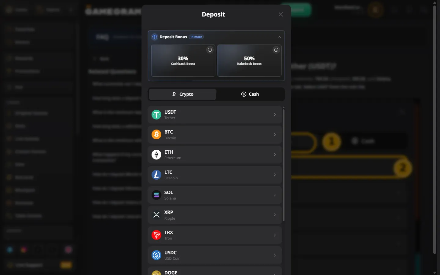 GameGram Casino payment methods screenshot