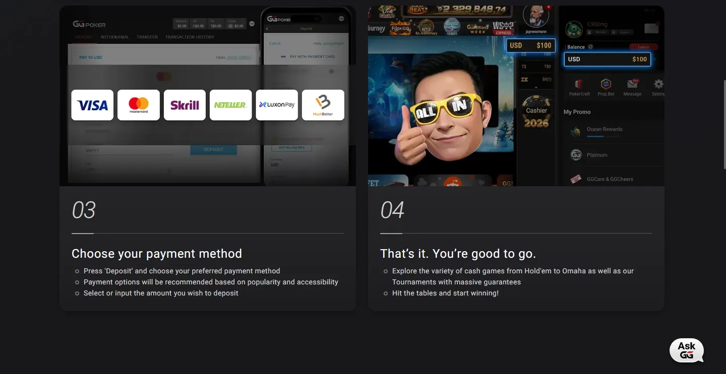 GGPoker Casino payment methods screenshot
